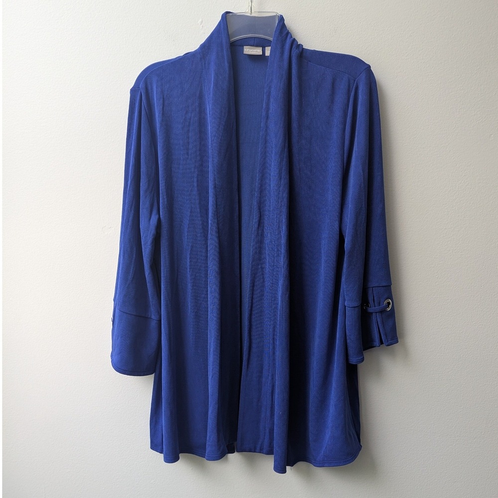 Chico's Travelers Cardigan Royal Blue Grommet Cuff Open Front Sz 2 L 12/14